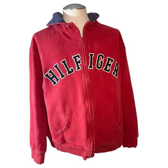 Tommy Hilfiger Red Hoodie sweatshirt Jacket Large full Zip spell Out men vTG Y2K - Picture 9 of 9